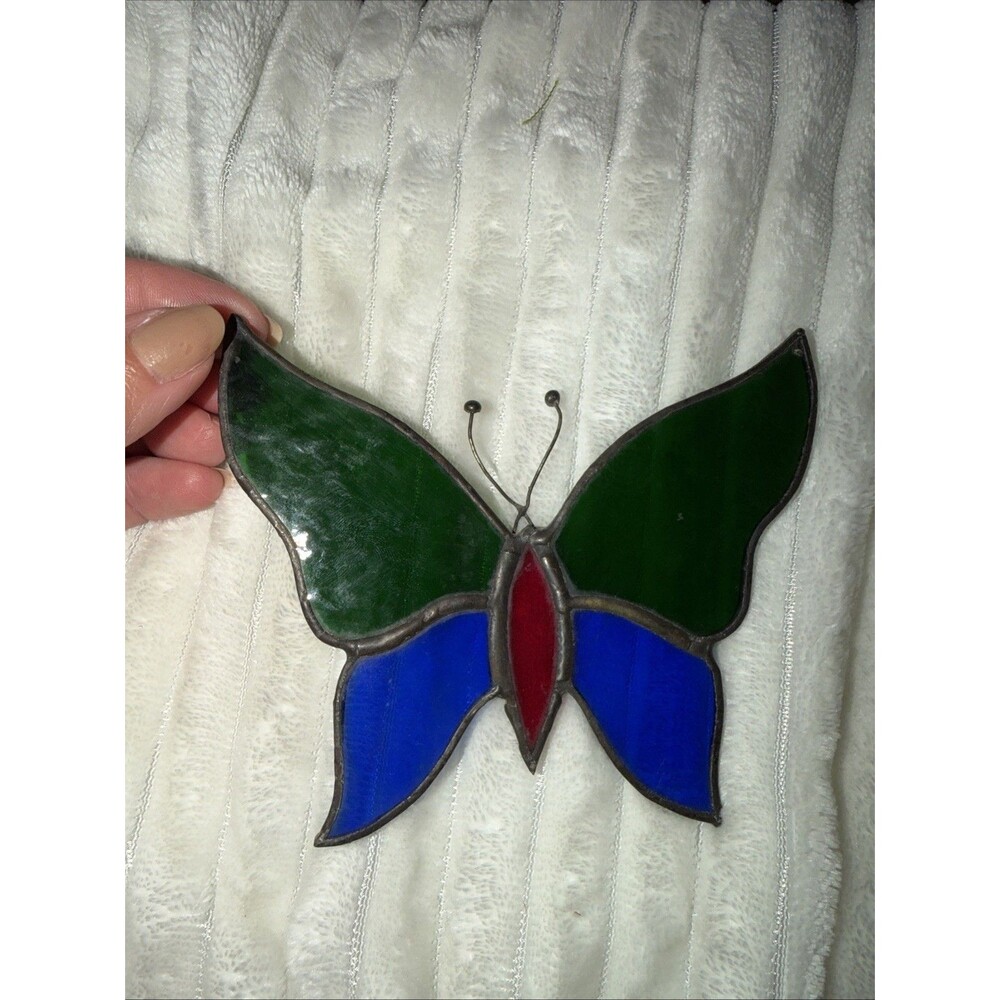 Vtg Stained Glass Butterfly Suncatcher Window 4.5” Green Blue Red Leaded